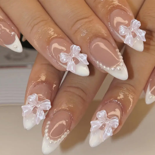 Elegant Fairy Tale Long Almond Press On Nail Set in Soft Pink and White with Charming Pearl and Bow Accents