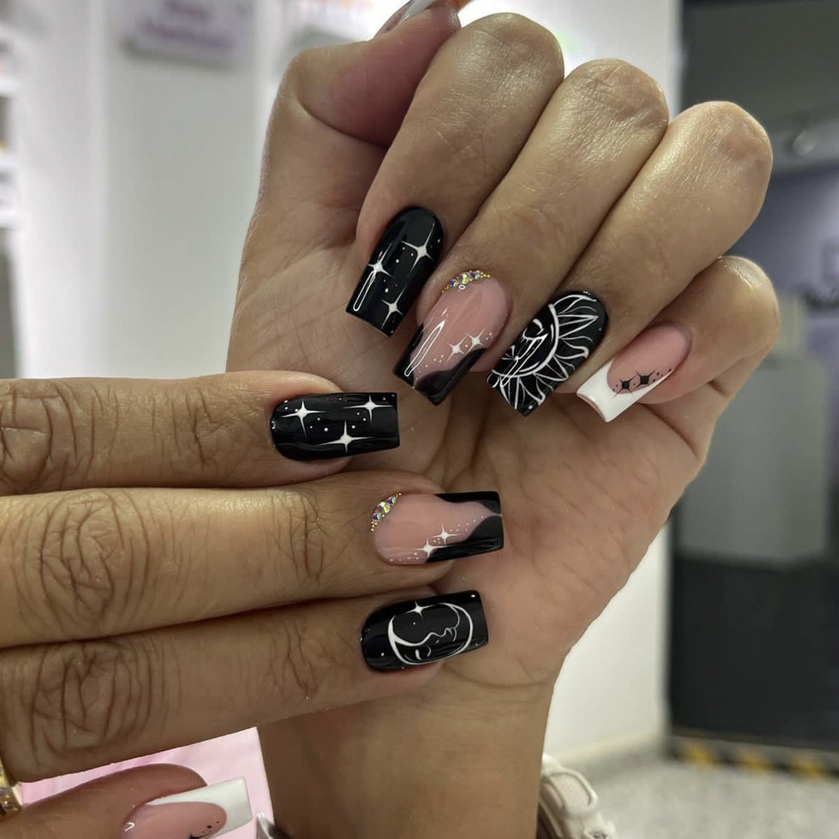 Celestial Fantasy Long Square Black and Beige Press On Nail Set with Glitter and Metallic Accents