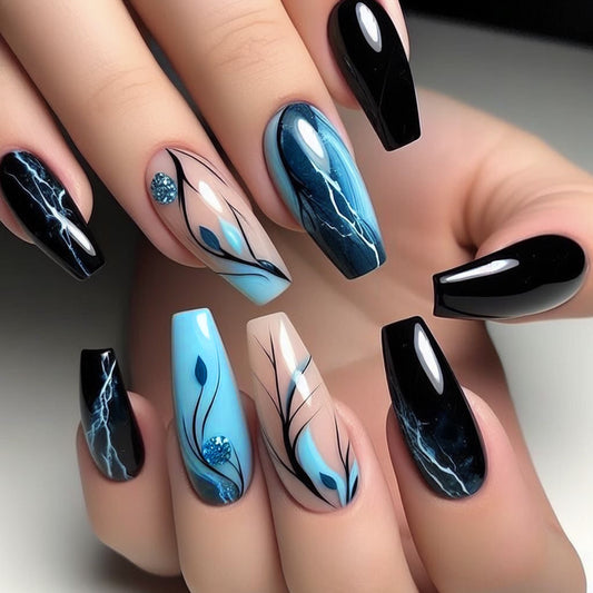 Electric Sea Themed Long Coffin Blue and Black Press On Nail Set with Unique Lightning Design and Glitter Accents