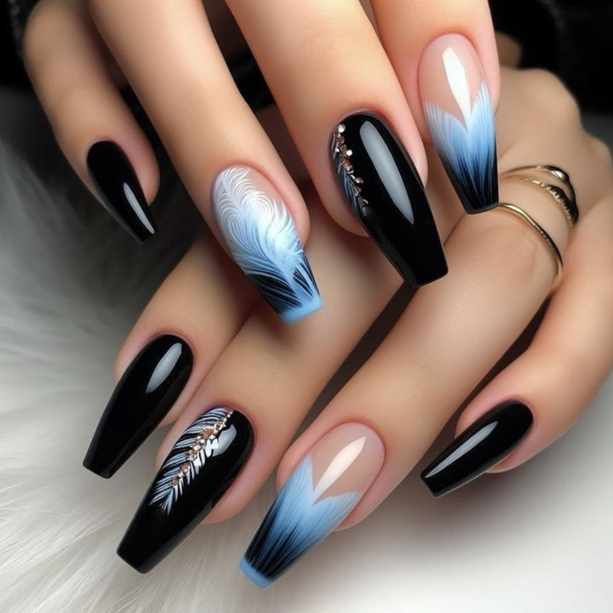 Elegant Winter Wonderland Long Coffin Press On Nail Set in Black and Blue with Stunning Feather Art and Gem Accents