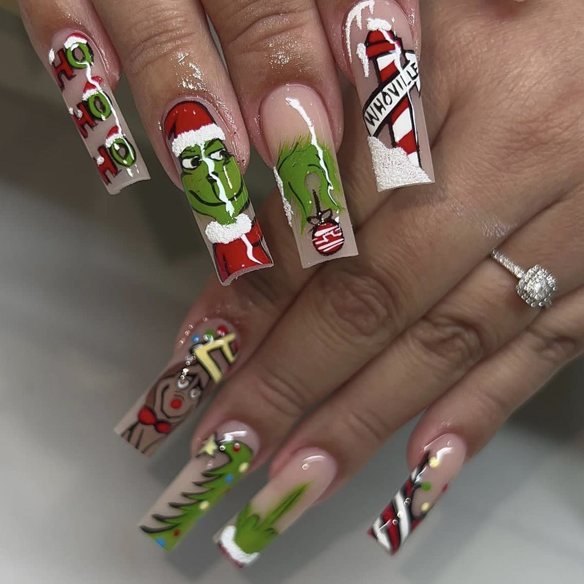 Holiday Cheer Long Square Green And Red Press On Nail Set With Whimsical Grinch Designs