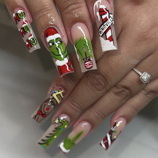 Holiday Cheer Long Square Green And Red Press On Nail Set With Whimsical Grinch Designs