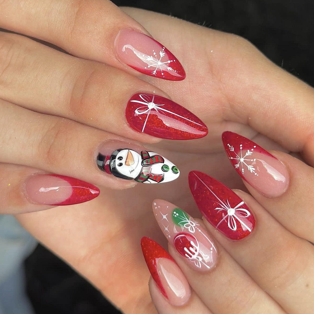 Festive Winter Wonderland Long Almond Red Glitter and Clear Press On Nail Set with Snowman and Holiday Designs