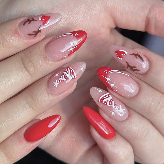 Festive Winter Wonderland Pointed Almond Red and Beige Press On Long Nail Set with Glittery Holiday Design