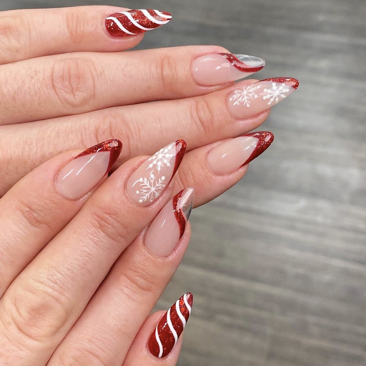 Festive Winter Wonderland Long Almond Red and Silver Snowflake Press On Nail Set