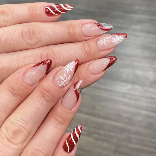 Festive Winter Wonderland Long Almond Red and Silver Snowflake Press On Nail Set