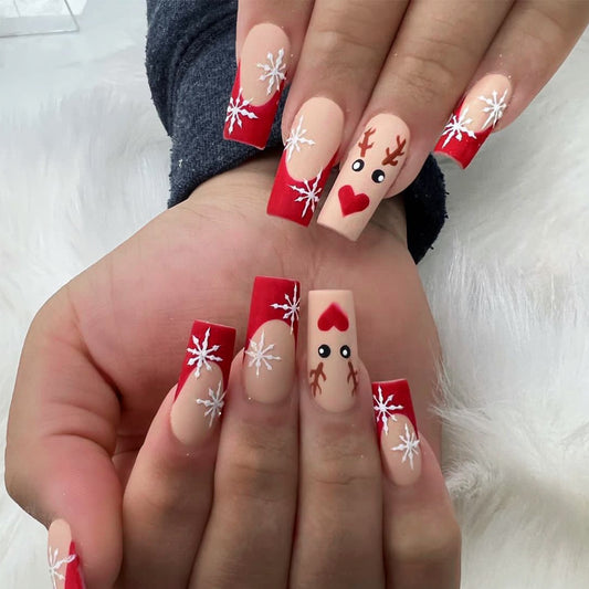Festive Winter Wonderland Long Square Red and Beige Press On Nail Set with Snowflake and Reindeer Designs