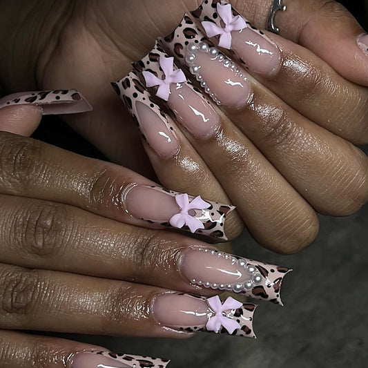 Chic Leopard Print Long Coffin Shape Pink with Bow and Pearl Accents Press On Nail Set
