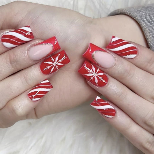 Festive Winter Wonderland Long Square Red and White Press On Nail Set with Snowflake Design and Glitter Accents