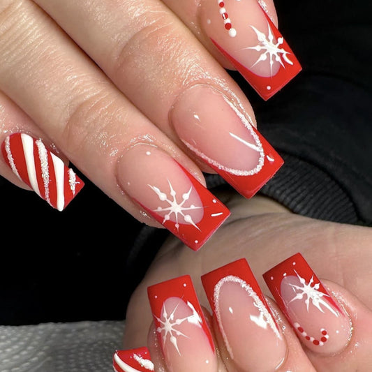 Festive Winter Wonderland Short Square Red Press On Nail Set with Unique Snowflake and Candy Cane Design
