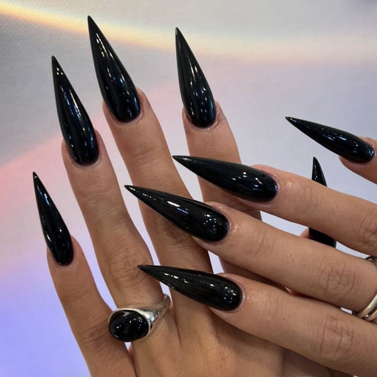 Mystical Enchantment Black Stiletto Long Press-On Nail Set with Shiny Finish