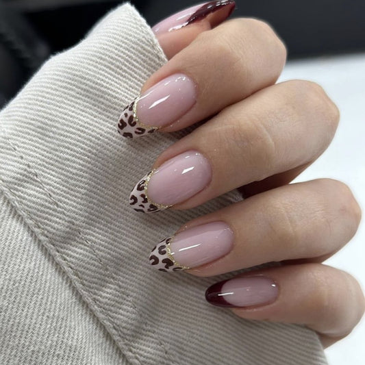 Wild Elegance Medium Oval Shape Beige and Maroon Gradient Press On Nail Set with Gold Accent Detail