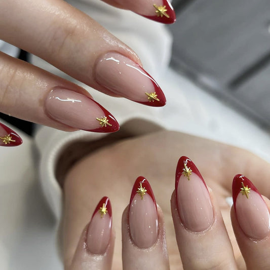 Celestial Dreams Medium Almond Shaped Burgundy Tip Press On Nail Set with Dazzling Gold Star Accents