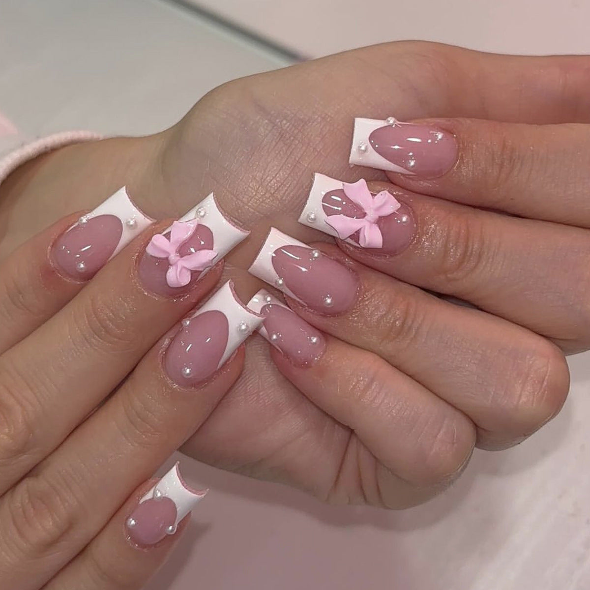 Charming Floral Delight Medium Square Pink and White Press On Nail Set with Bow and Pearl Accents