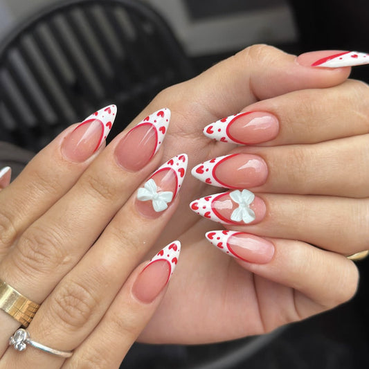 Sweetheart Delight Medium Almond Shape Red and White with Charming Bow Accents Press On Nail Set