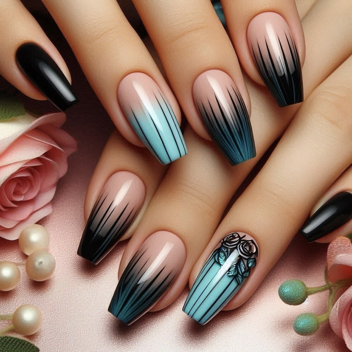 A set of press-on nails featuring a gradient of black, aqua, and pink with a floral accent design.