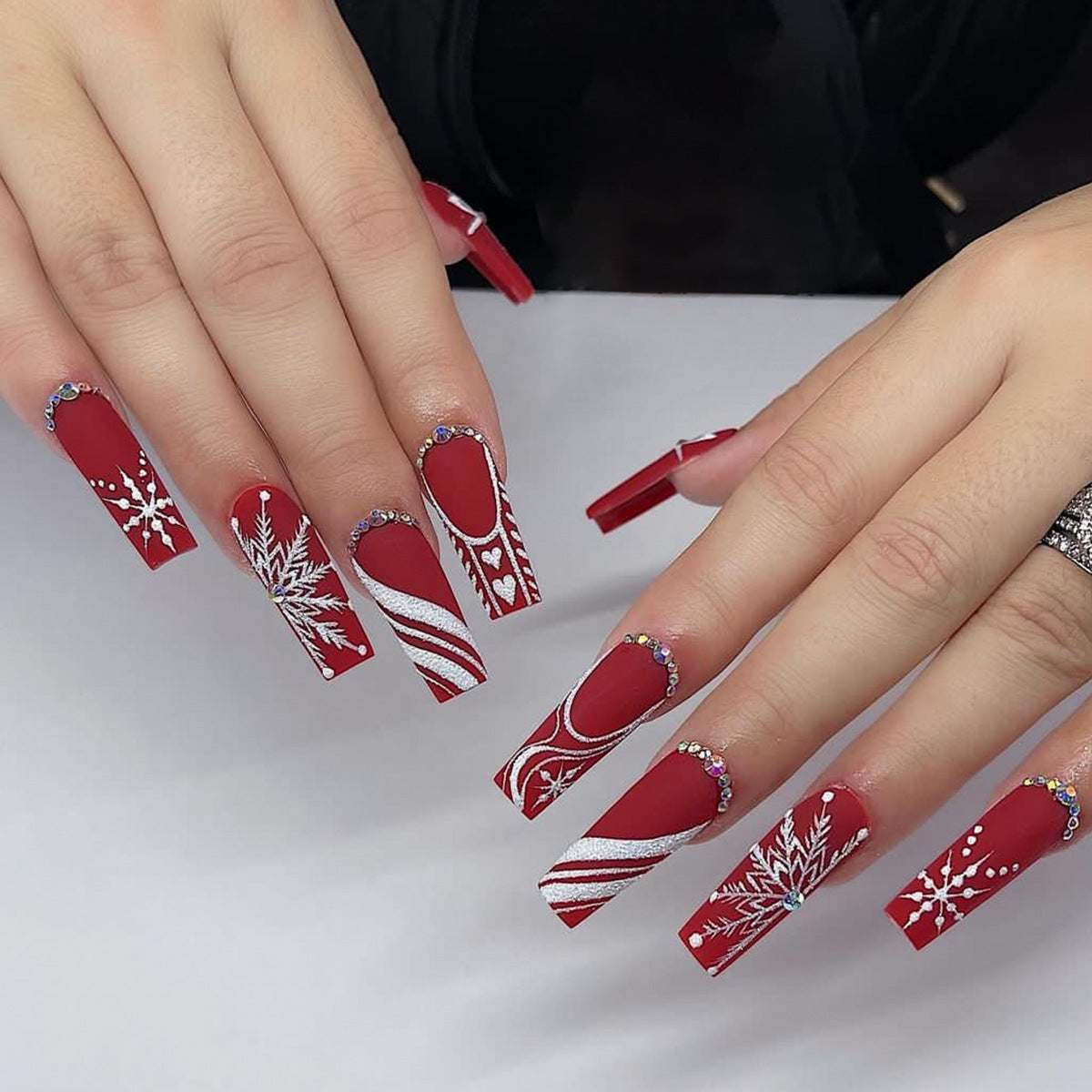 Festive Elegance Long Square Red Press On Nails with Sparkling Rhinestones and Winter Themed Designs