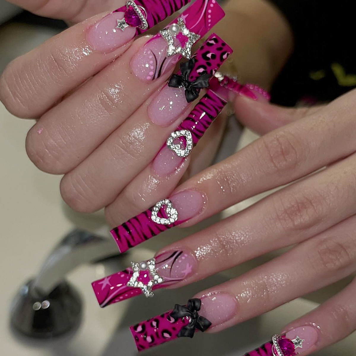 Glamorous Fuchsia Long Square Shape Press on Nail Set with Sparkling Gems and Chic Bow Accents