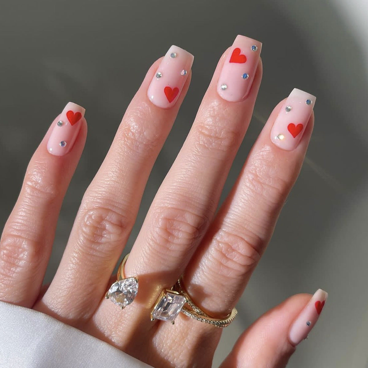 Romantic Charm Medium Square Pink Press On Nail Set with Heart and Gemstone Accents