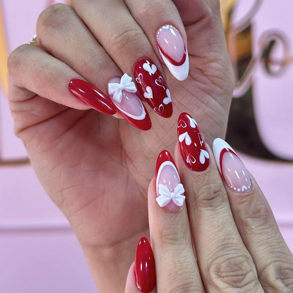 Romantic Heartfelt Red Medium Almond Shaped Tips with Charming Bow Accents Press On Nail Set