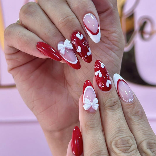 Romantic Heartfelt Red Medium Almond Shaped Tips with Charming Bow Accents Press On Nail Set
