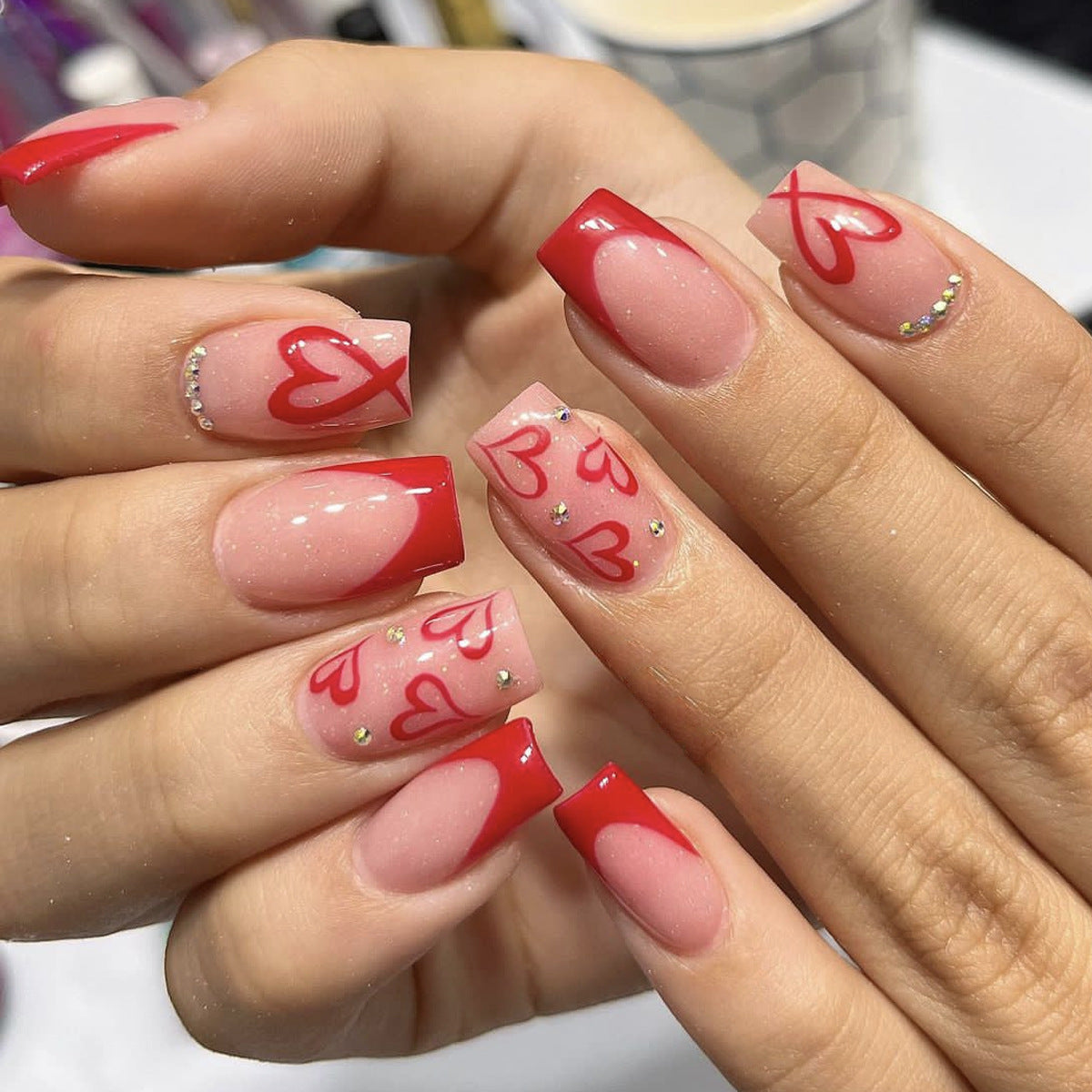 Romantic Flair Medium Square Red and Soft Pink Heart Design with Glitter Accents Press On Nail Set