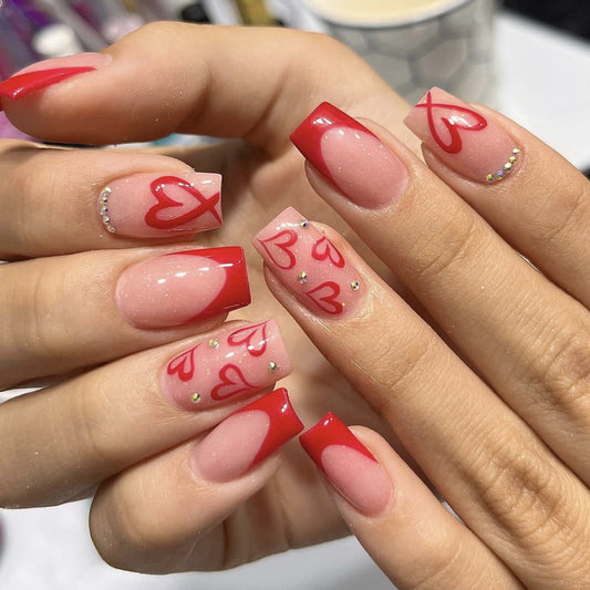 Romantic Flair Medium Square Red and Soft Pink Heart Design with Glitter Accents Press On Nail Set