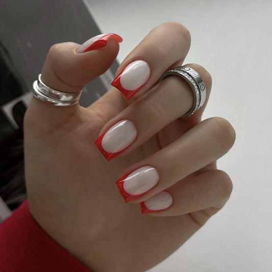 Vibrant Sunset Medium Square Red and White Press On Nail Set with Glossy Finish
