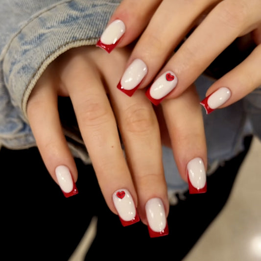 Romantic Heart Theme Medium Square Red and White Press On Nail Set with Charming Heart Accent