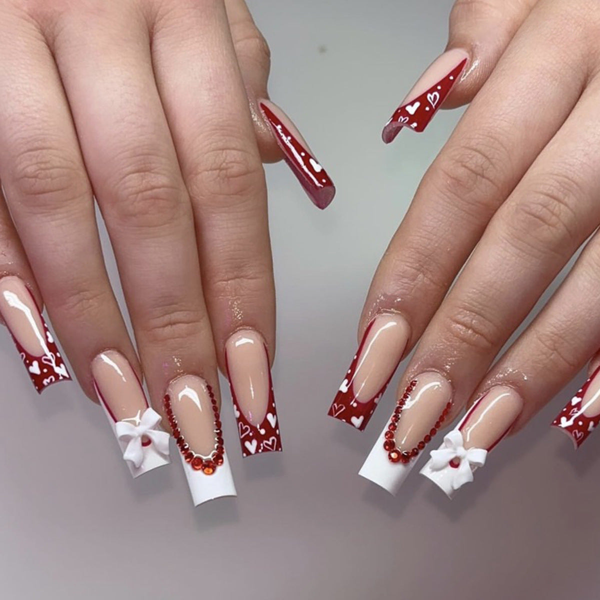 Romantic Elegance Long Stylish Square Shaped Red and White with Decorative Flower and Sparkling Gems Press On Nail Set