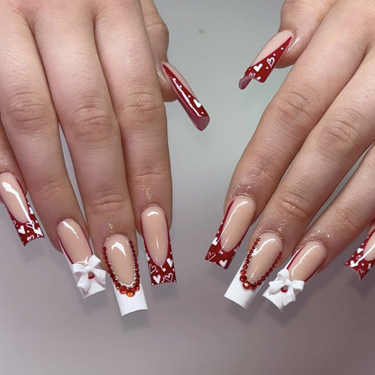 Romantic Elegance Long Stylish Square Shaped Red and White with Decorative Flower and Sparkling Gems Press On Nail Set