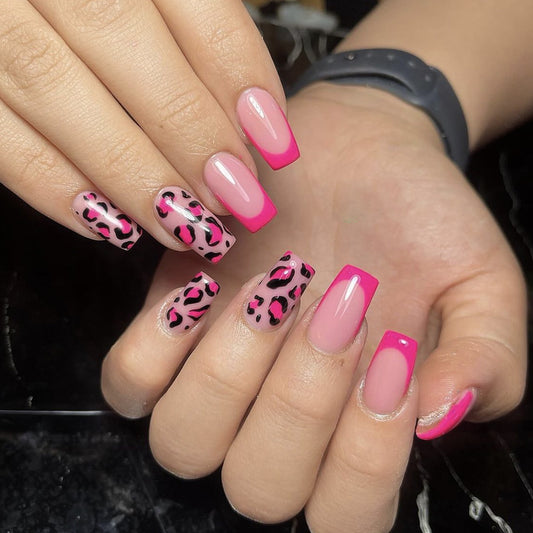 Wild Jungle Vibes Medium Square Pink Nails with Bold Leopard Print and Glossy Finish