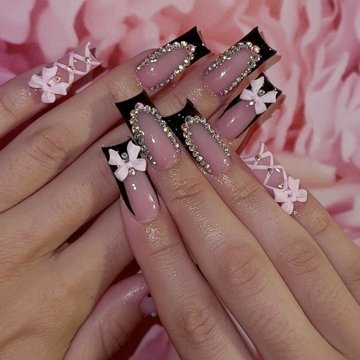 Charming Elegance Long Square Black Tips with Pink Bows and Sparkling Gems Press On Nail Set