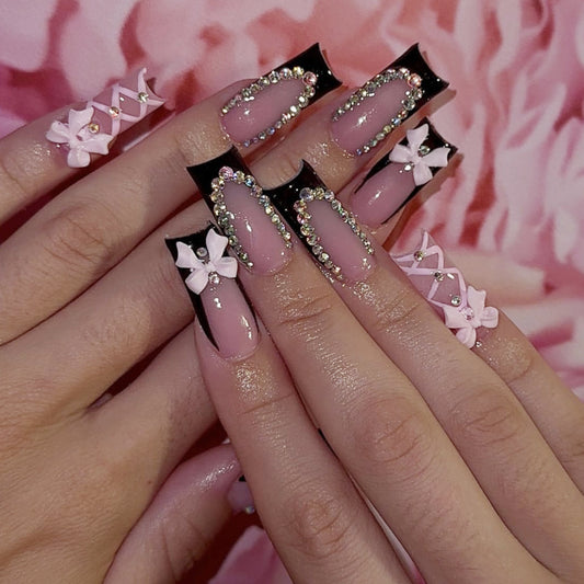 Charming Elegance Long Square Black Tips with Pink Bows and Sparkling Gems Press On Nail Set