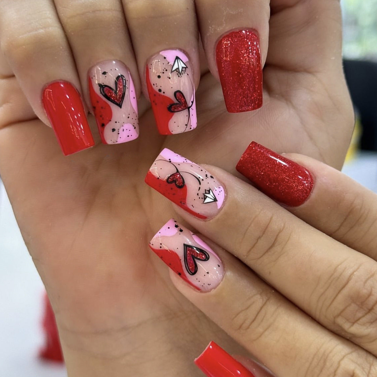 Romantic Heartfelt Medium Square Red and Pink Glitter Press on Nail Set with Artistic Design