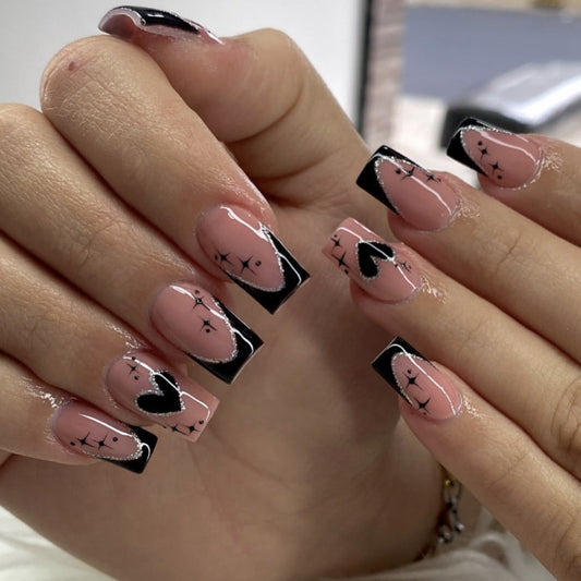 Gothic Chic Medium Square Pink Nails with Black Heart Accents and Unique Artistic Detailing
