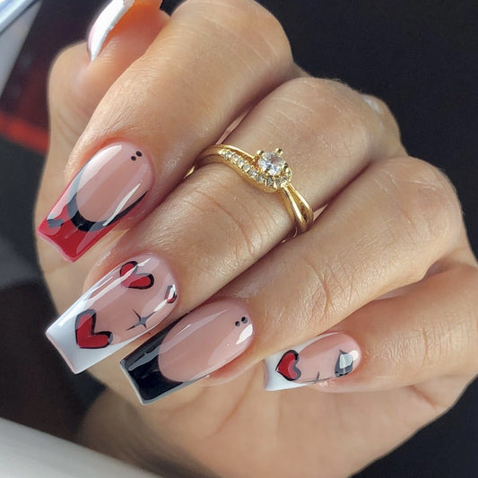 Romantic Elegance Long Square Red Black and Beige Heart Design Press on Nail Set