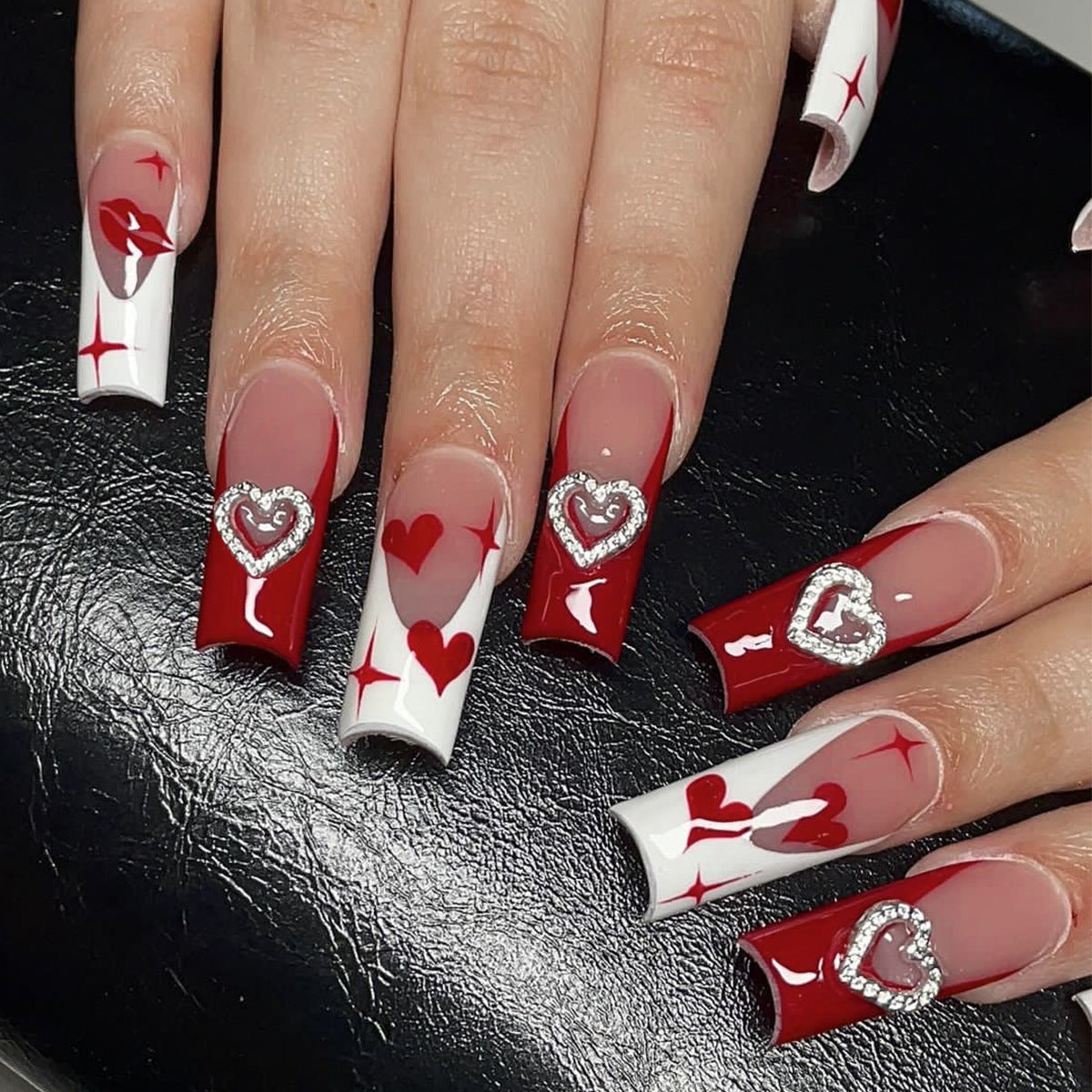 Charming Romance Long Square Red and White Press On Nail Set with Heart Shaped Rhinestones