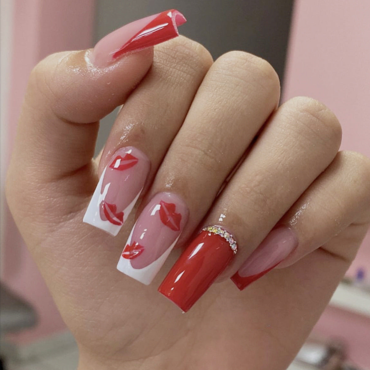 Romantic Kiss Inspired Medium Square Red and Pink Press On Nail Set with Sparkling Accent Detail