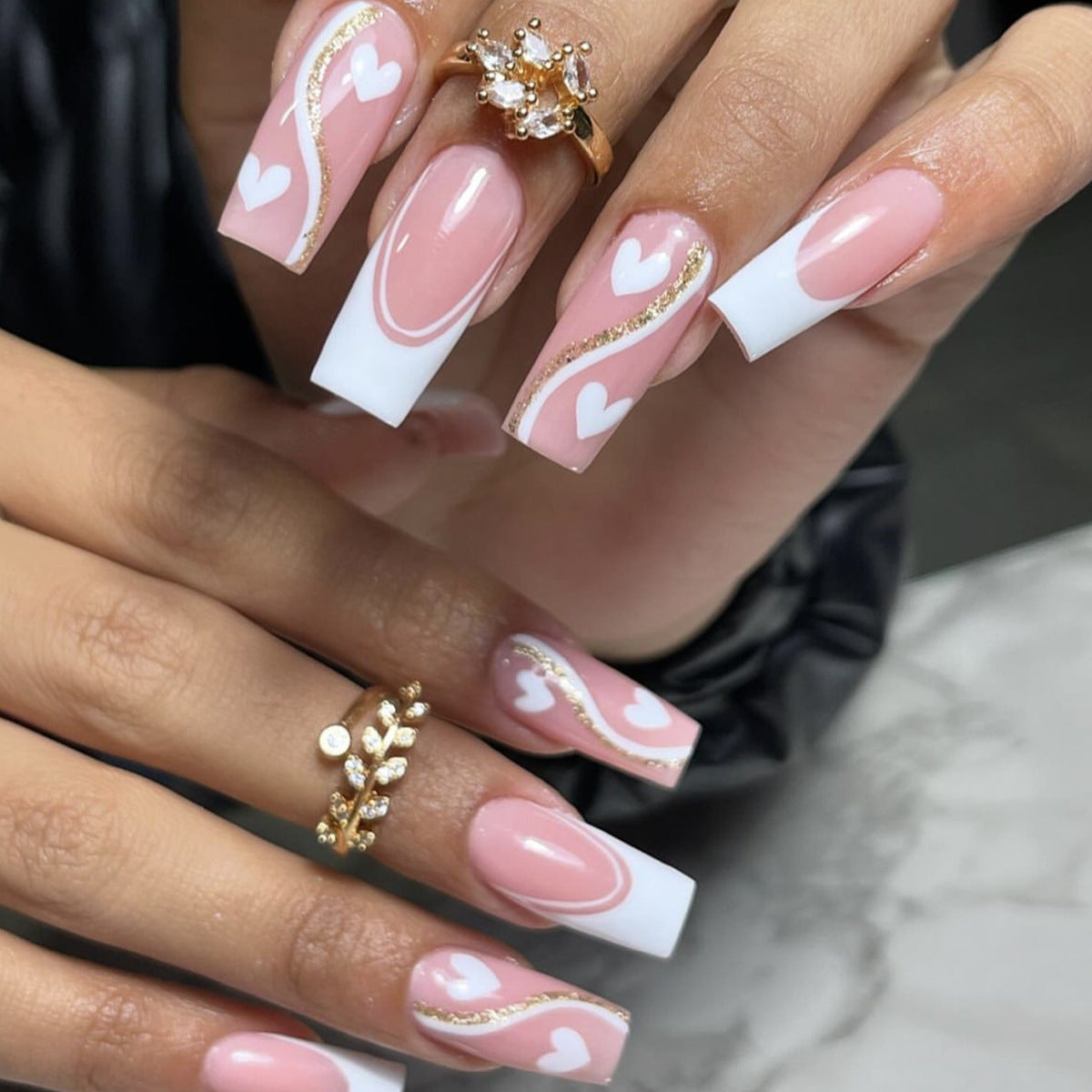 Charming Romance Medium Square Pink and White Nail Set Featuring Heart and Gold Accent Designs