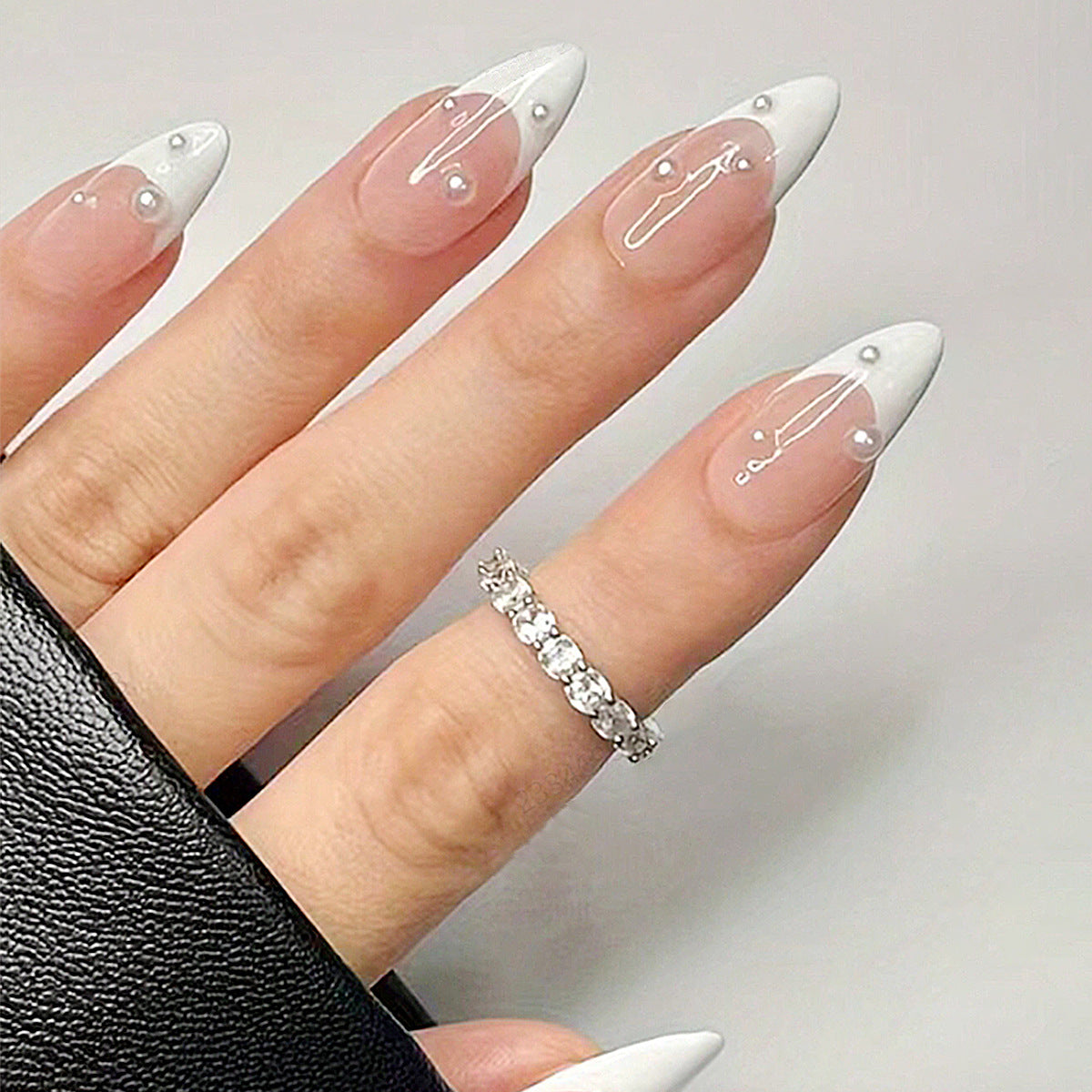 Elegant Enchantment Medium Almond Transparent White Nails with Pearl Accents