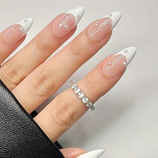 Elegant Enchantment Medium Almond Transparent White Nails with Pearl Accents