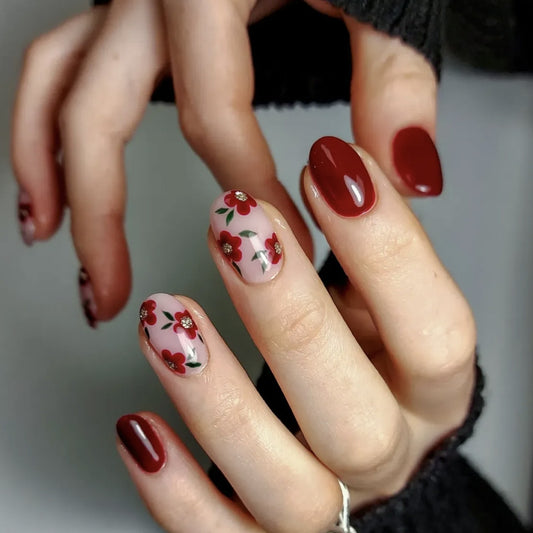 Garden Chic Short Round Deep Red and Floral Design Press-On Nail Set