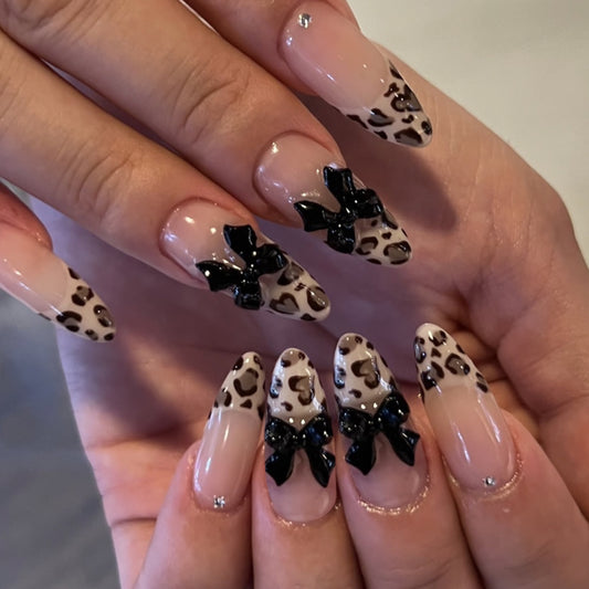 Wild Safari Inspired Medium Almond Leopard Print Beige and Black Bow Press On Nail Set
