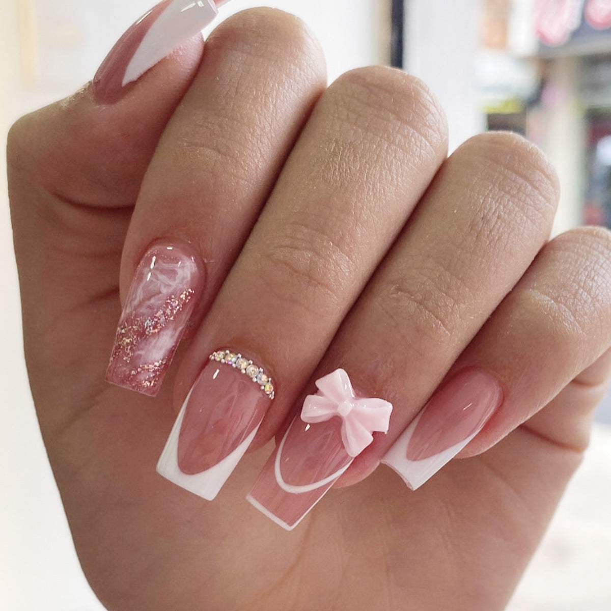 Charming Elegance Medium Square Pink with Glitter and Bow Press On Nail Set
