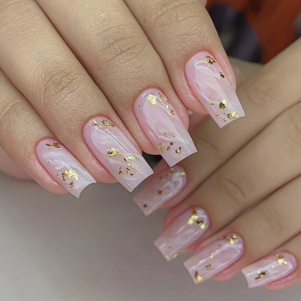 Chic Elegance Medium Square Soft Pink Translucent Finish with Gold Flakes Press On Nail Set