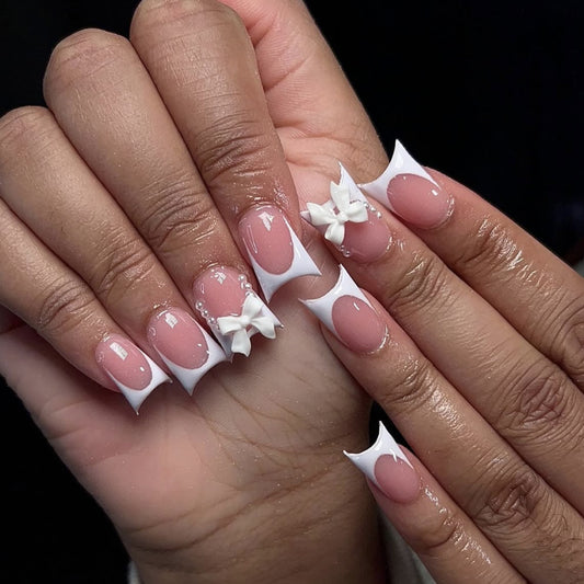 Chic Elegance Long Duck Pink and White Nail Set with Charming Bow Accents