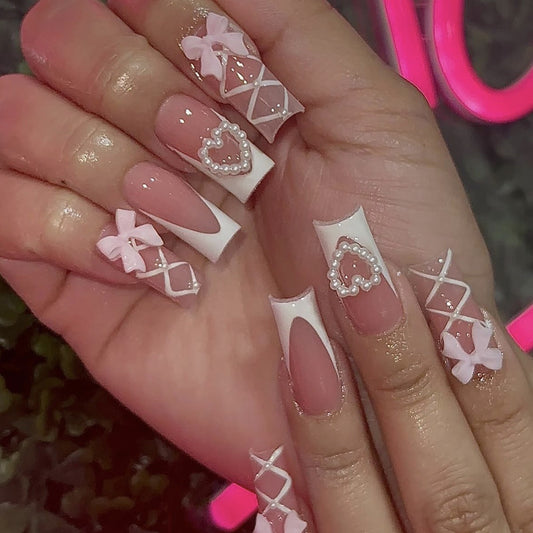 Whimsical Romance Long Square Pink Press On Nail Set with Heart and Bow Accent