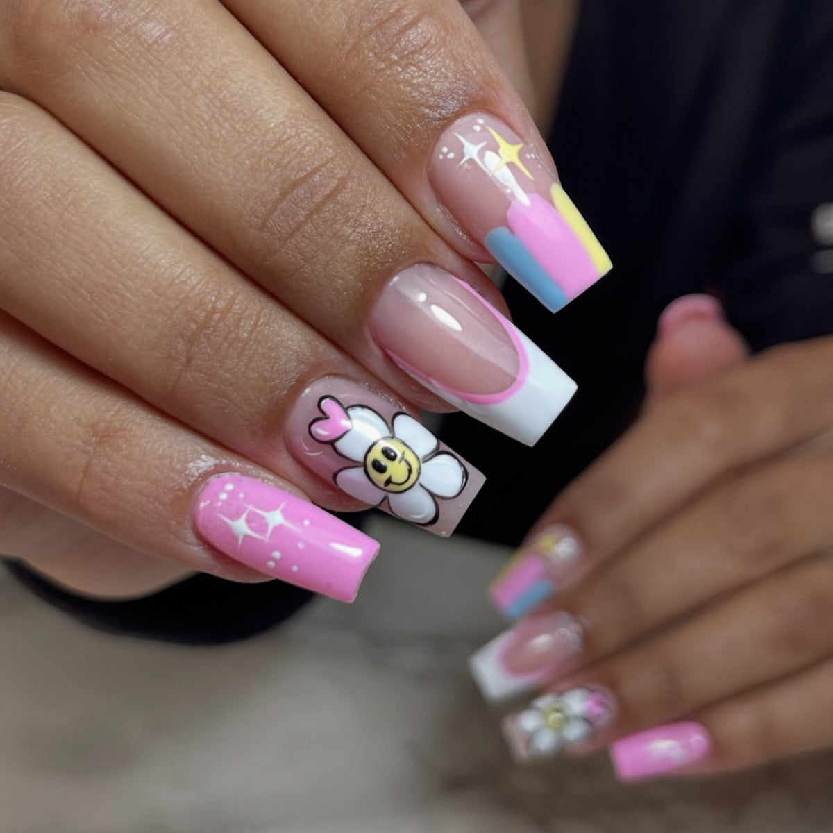 Cheerful Blossom Dreamy Medium Square Pink Blue Yellow Floral Press-On Nail Set