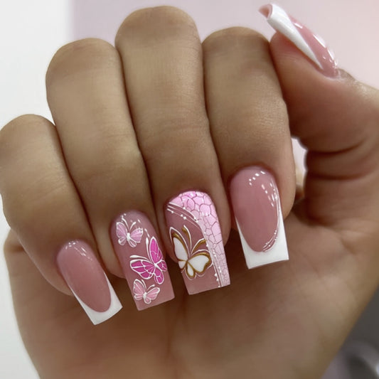 Whimsical Butterfly Dream Medium Square Pink with Intricate Floral Design Press On Nail Set